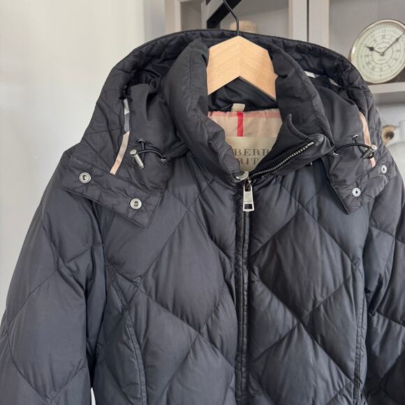 Burberry Black Quilted Goose Down Hood Belted Coat Small Nova Check Lined Jacket - Picture 2 of 5